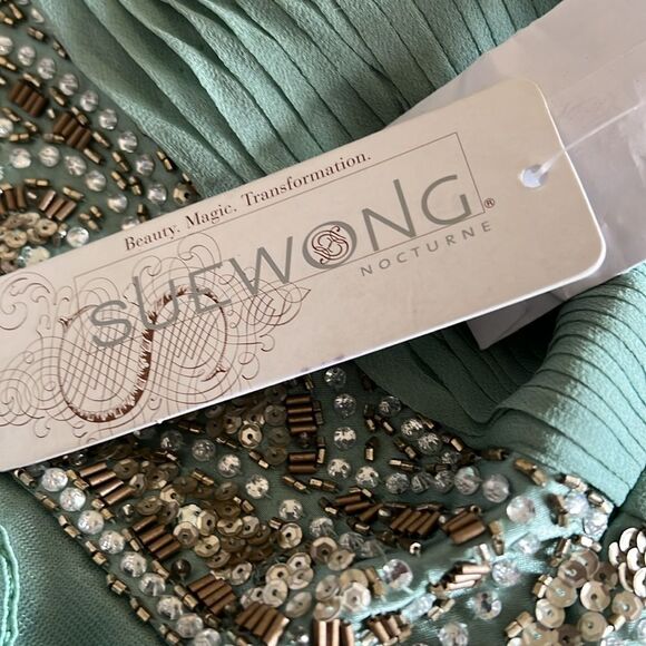 NWT Sue Wong Antique Aqua Sheath Dress w/ Floral Appliques & Beaded Waist Sz 12 - Picture 4 of 4